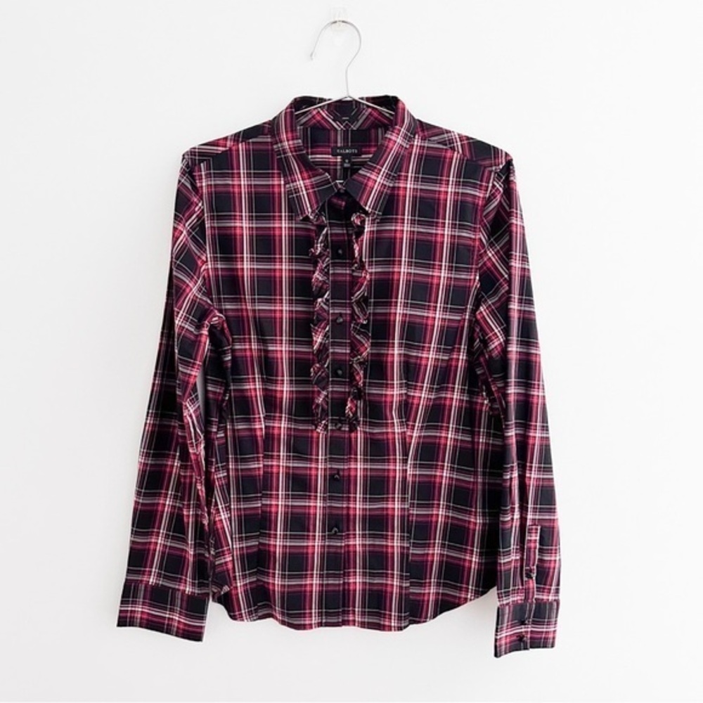 Talbots Tartan Plaid Jewel Button Front Stretch Shirt